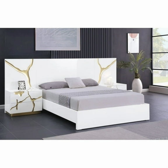 Modern White Wood Frame 1pc California King Platform Bed with Gold Vein Accent, High Gloss Finish