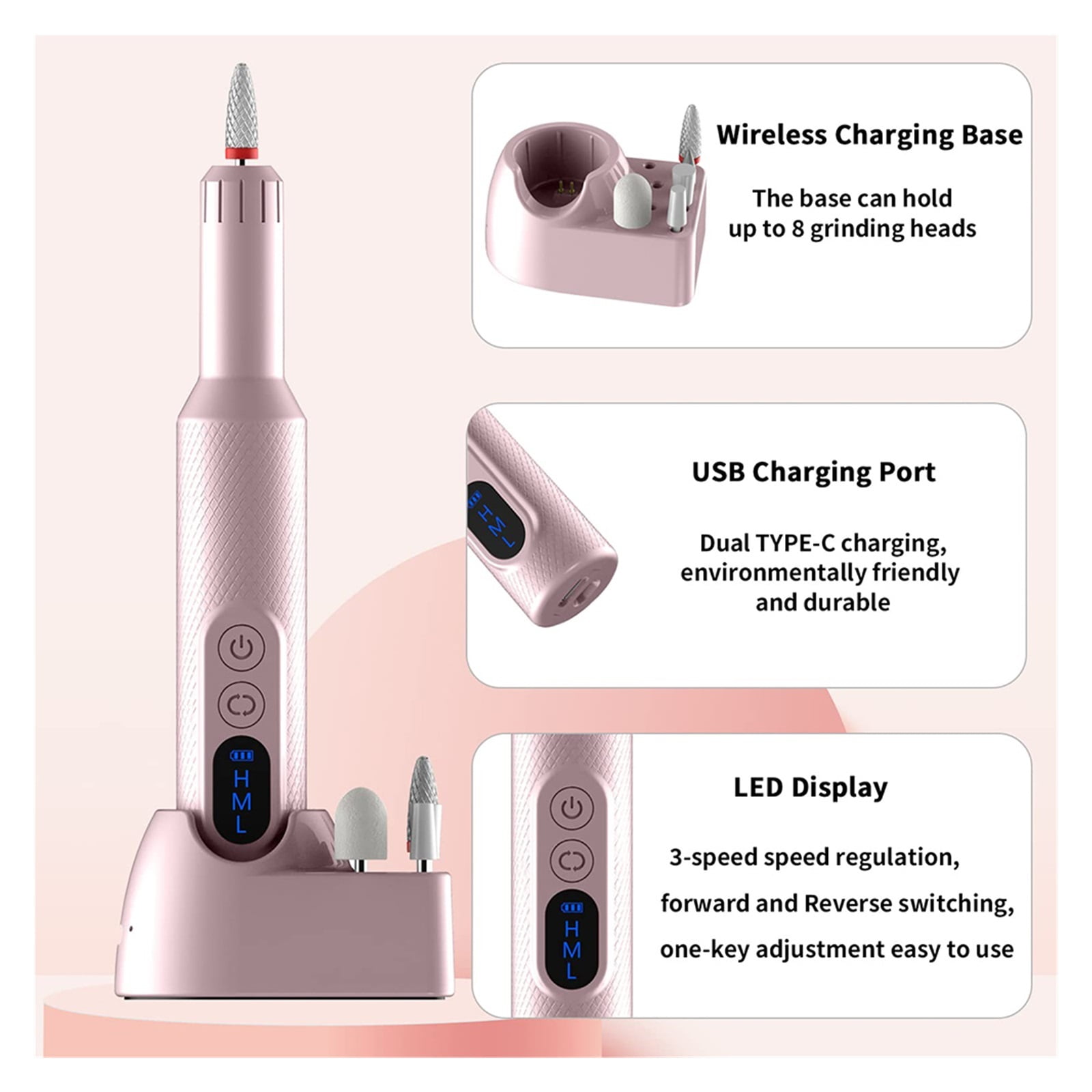 Cordless Electric Nail Drill Machine, Portable Electric Nail File Set For Acrylic Gel Nails, Manicure And Pedicure Kit Tool With Nail Drill Bits ,Low Noise