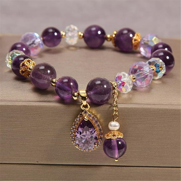 Weloille Natural Gem Semi Precious Reiki Healing Crystals Handmade Round Beads Stretch Bracelet(Purple)