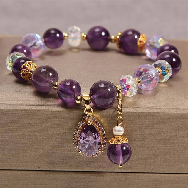 Weloille Gemme Naturelle Semi-Précieuse Cristaux de Guérison Reiki Perles Rondes Bracelet Extensible (Violet)