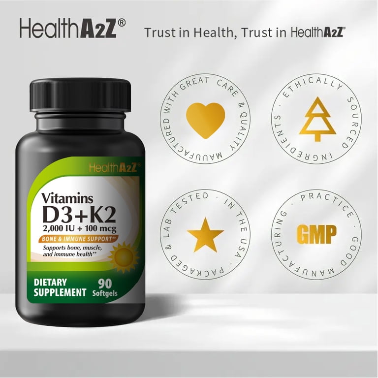 HealthA2Z Vitamin D3 + K2 | 2000 IU + 100 mcg | 90 Easy-to-Swallow