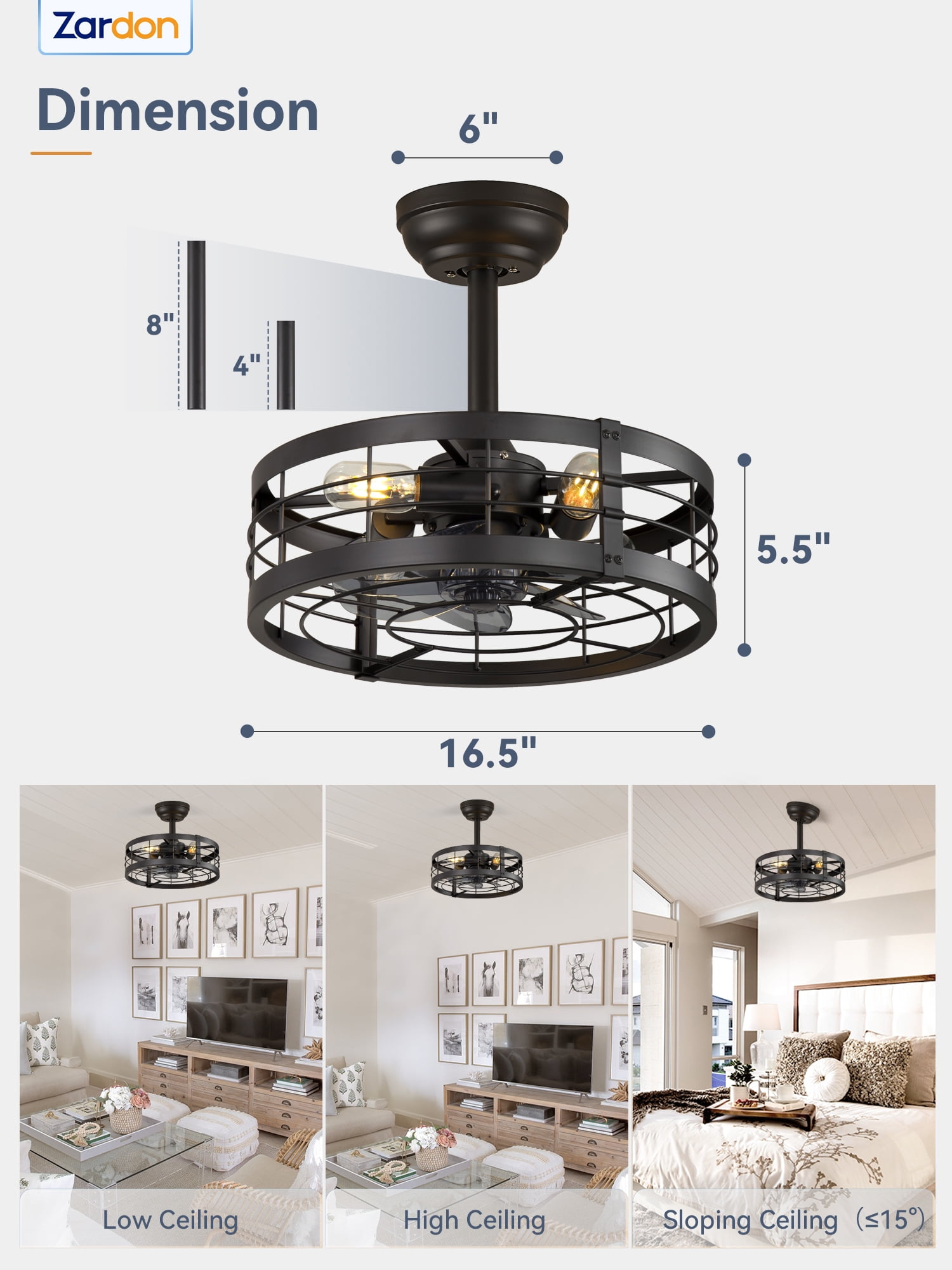 Zardon 16.5 inch Caged Ceiling Fan with Light and Remote Control, Black Farmhouse Ceiling Fans for Kitchen, Bedroom, Indoor, 6 Speed, Quiet, Timing