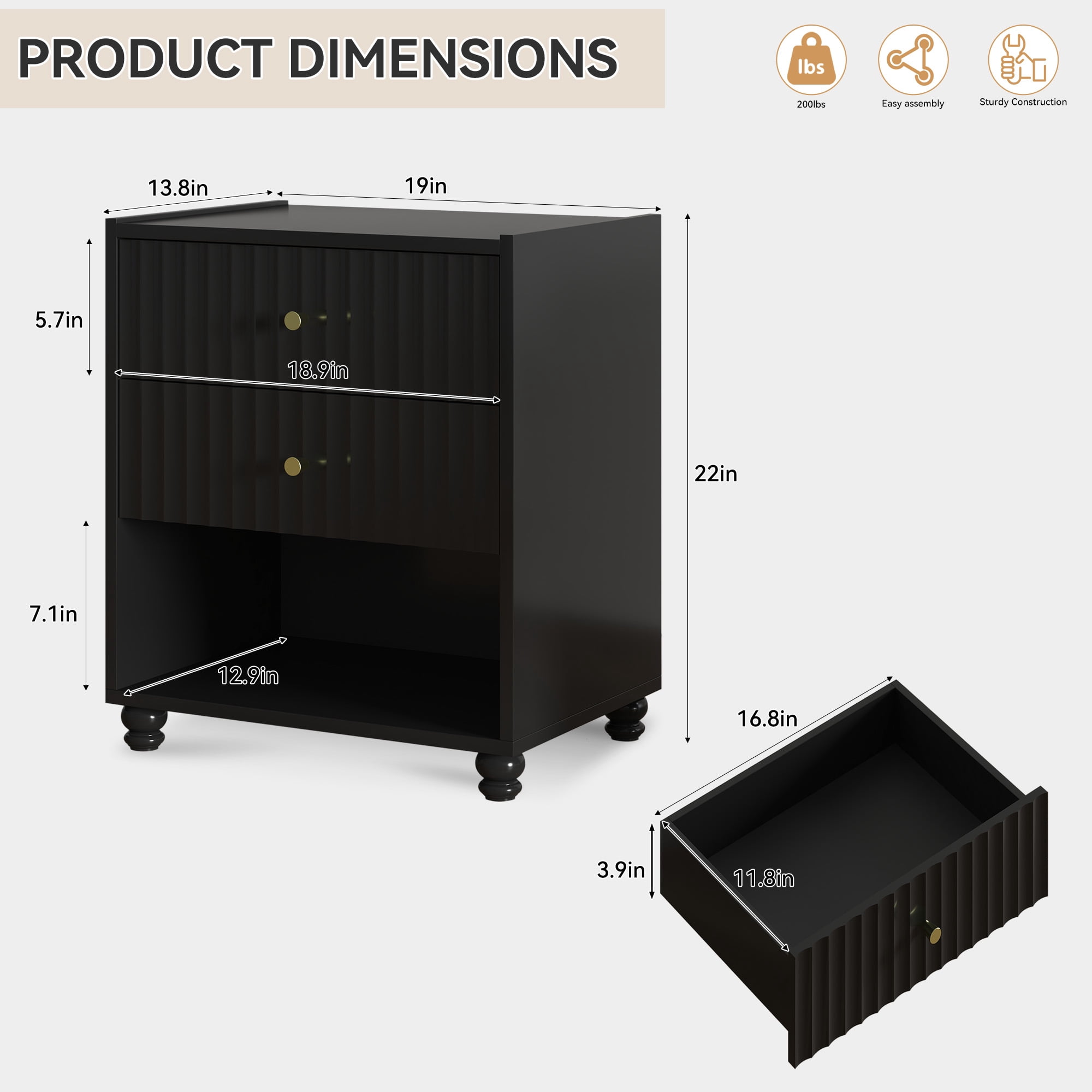 ZOSQUARE Modern Nightstand, Black Fluted Bedside Table with 2 Drawers and Open Shelf, End Tables with Gold Knobs for Bedroom, Living Room