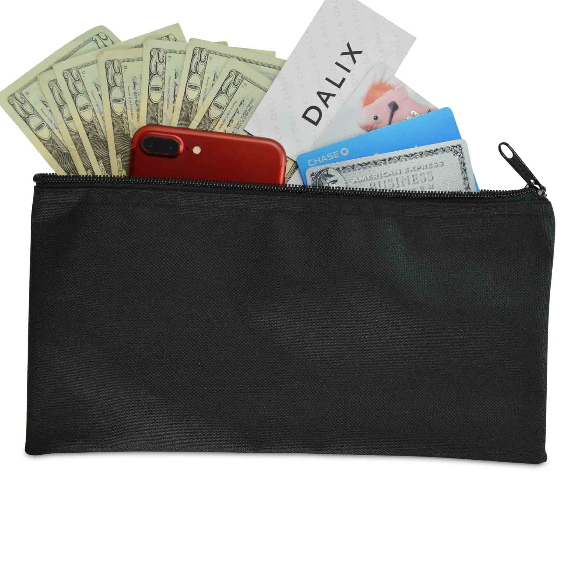by GIDABRAND 11x6 inch Durable Leatherette Money Cash Coin Check Wallet Pouch for Men & Women with Framed ID Window and Blank Card Money Bank Deposit Bag with Zipper Navy Blue and Red 