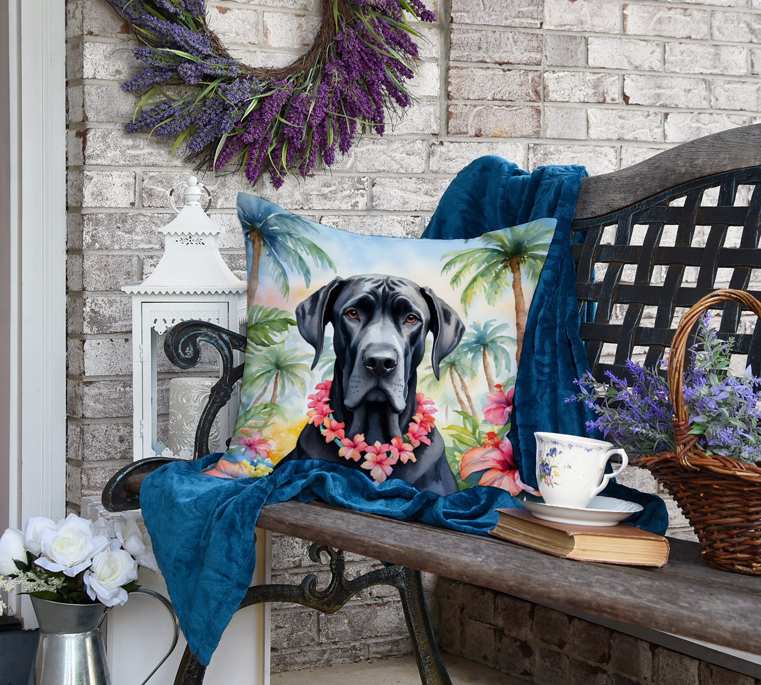Great Dane Luau Throw Pillow 18 in x 18 in