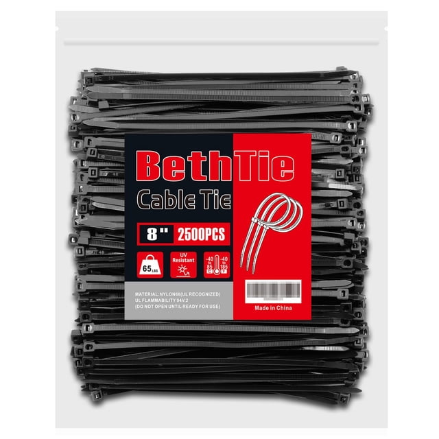 Bridas con cremallera, color negro, 20 cm (paquete de 2500), 29,5 kg de resistencia a la tracción