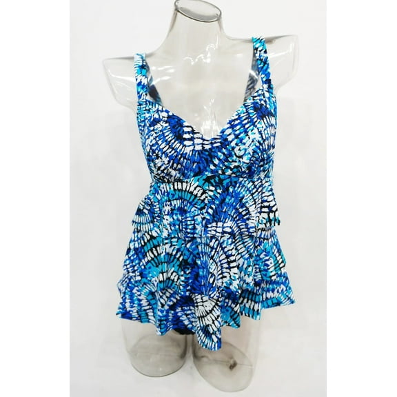 Croft & Barrow Blue Tiered Tummy Slimmer Fan Pattern Swimdress Swimsuits Plus Size 24W