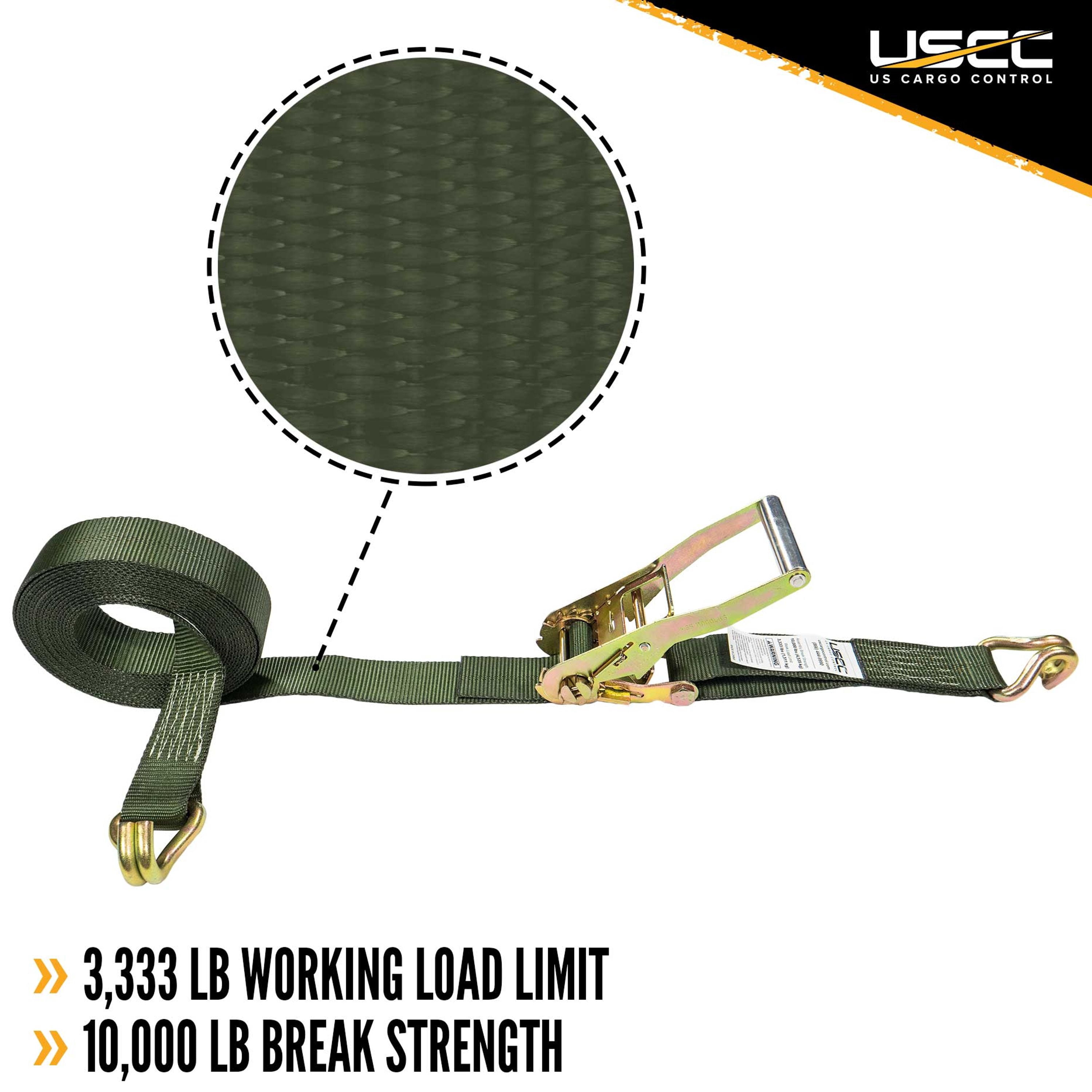 US Cargo Control Ratchet Straps, 2 Inch x 27 Foot Ratchet Strap, 2 Inch Ratchet Strap, Olive Ratchet Strap, Wire Hook Ratchet Strap, Tiedown Strap With Double J Hooks, Dependable Cargo Strap