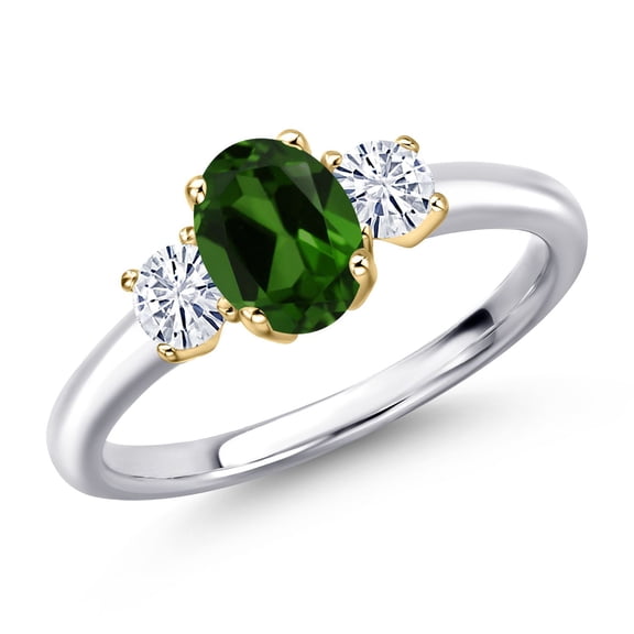 Gem Stone King 925 Silver and 10K Yellow Gold Green Chrome Diopside and White Moissanite Engagement Ring for Women | 1.02 Cttw | Oval 7X5MM | Gemstone Birthstone | Size 7
