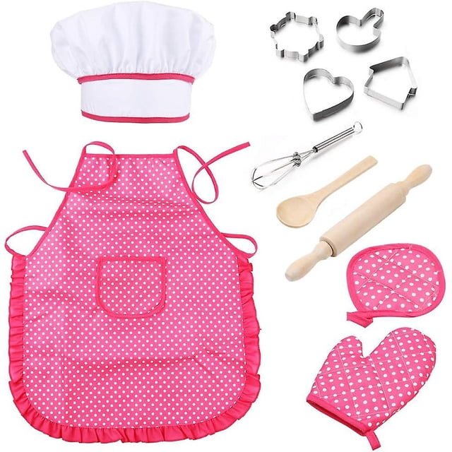 1 Set of Pink Children's Chef Clothes, Apron and Chef Hat, etc. (11 pieces), Children's Kitchen Toy Cooking Set