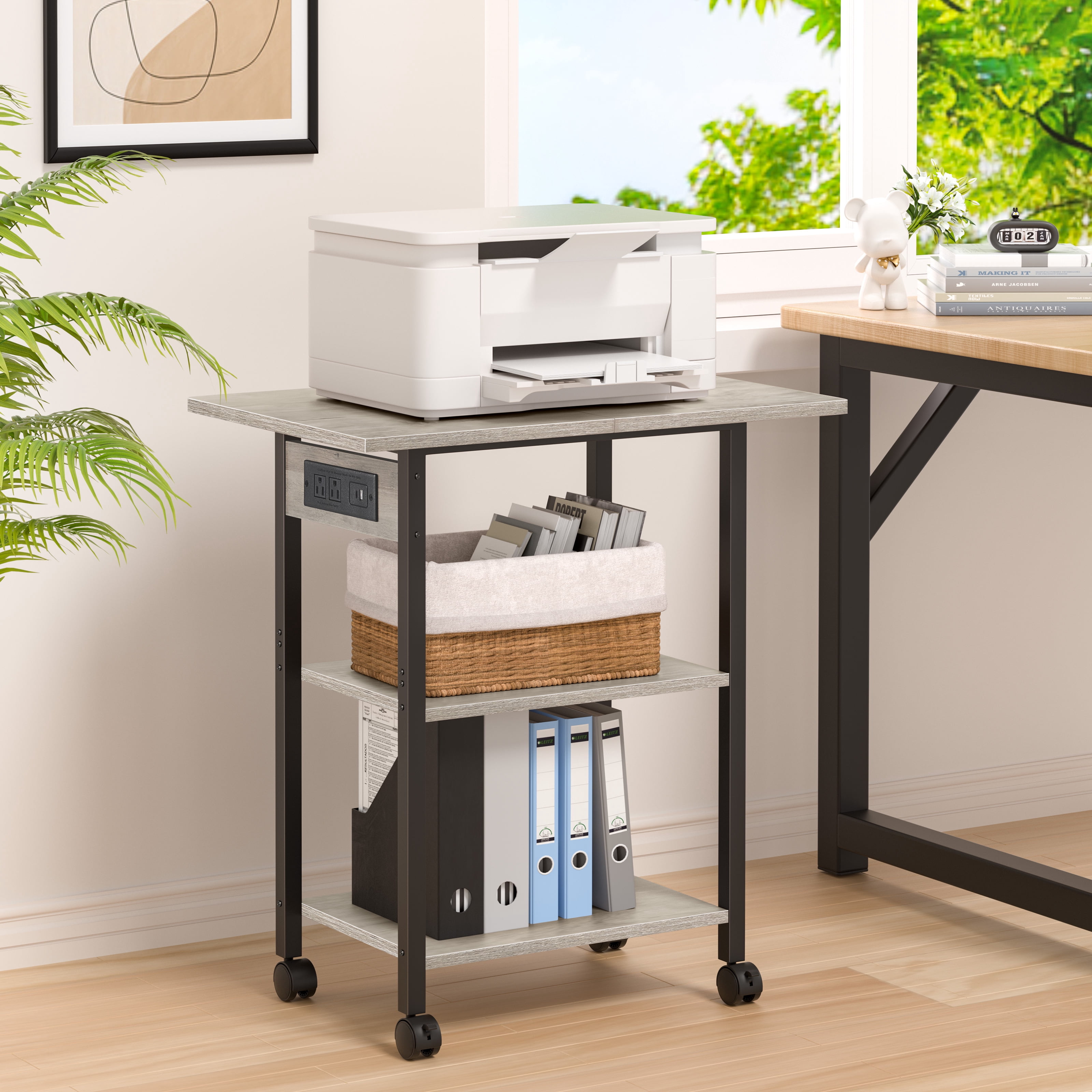 3 Tier Leyaoyao Printer Stand, Computer Tower Stand with Industrial Lockable Wheels & Storage Drawer Large Mobile Table for Home Office Multi-Equipment Organization, Oak