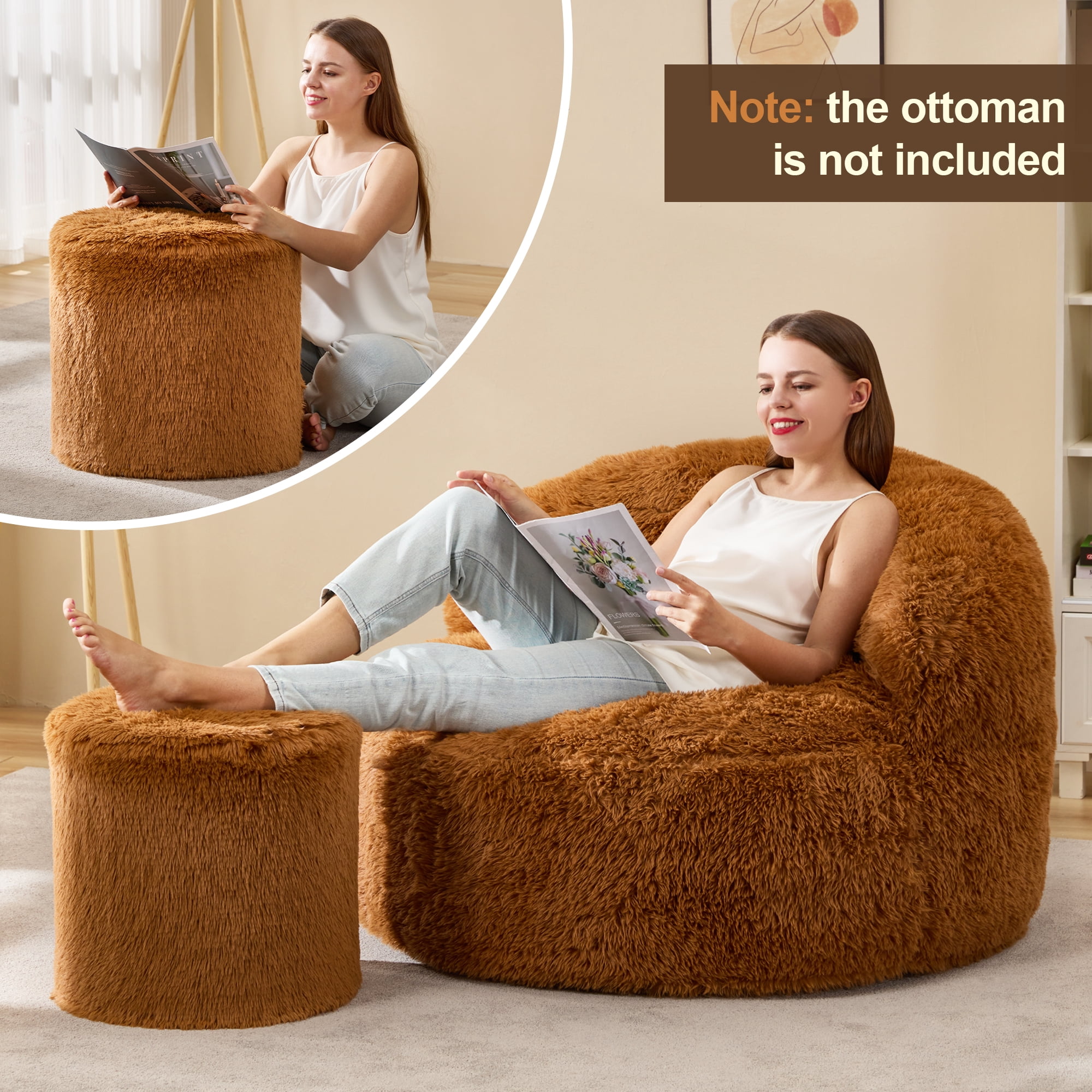 Hobestluk Giant Bean Bag Chairs for Adults Big Bean Bag Chair with Foam Filler Large Beanbags with Stuffed Back Lazy Sofa, Caramel-Oversize