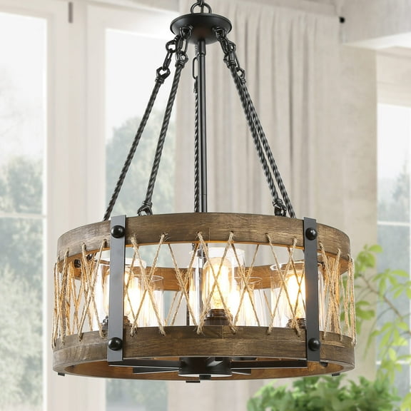 LNC Farmhouse Chandelier, 6-Light French Country Lighting for Dining Room, Living Room, Handmade Distressed Wood, 28 inches