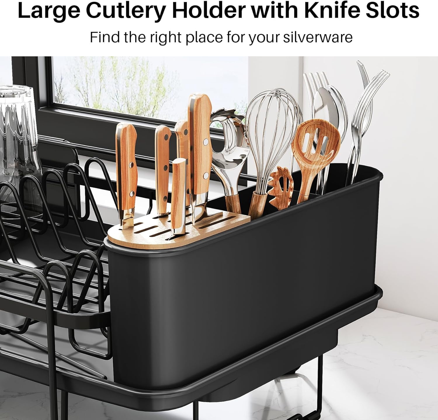 Expandable Dish Drying Rack for Kitchen Counter, Large Stainless Steel Drainer with Cutlery Holder and Rustproof Coating