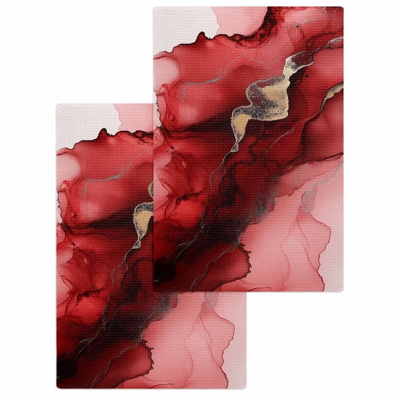 Red Marble Kitchen Dish Towels for Drying Dishes Set of 2, Modern Ombre Abstract Ink Painting Art Waffle Weave Microfiber Hand Tea Bathroom Towels Quick Dry & Absorbent Towel 15.7x23.6