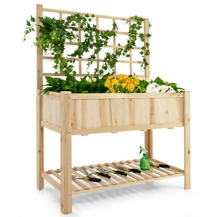 Topcobe Raised Garden Bed Elevated Wooden Planter Box with Trellis, Planters for Outdoor Plants, Raised Planter Box with Legs