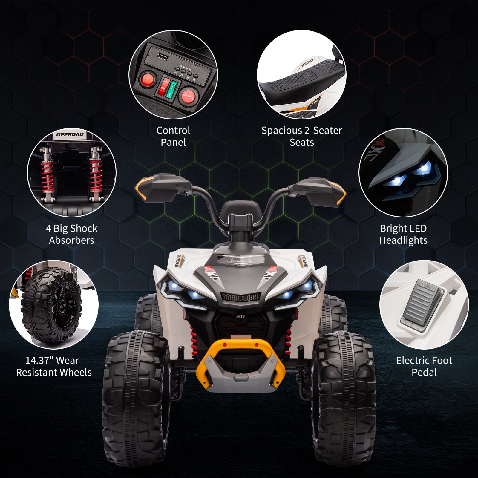 24V 2-Seater Electric Kids ATV Ride-On Car – Dual 550W Motors, Off-Road 4-Wheeler, 14.4'' Wheels, LED Lights, Music, High/Low Speed, For Boys & Girls Ages 3-8