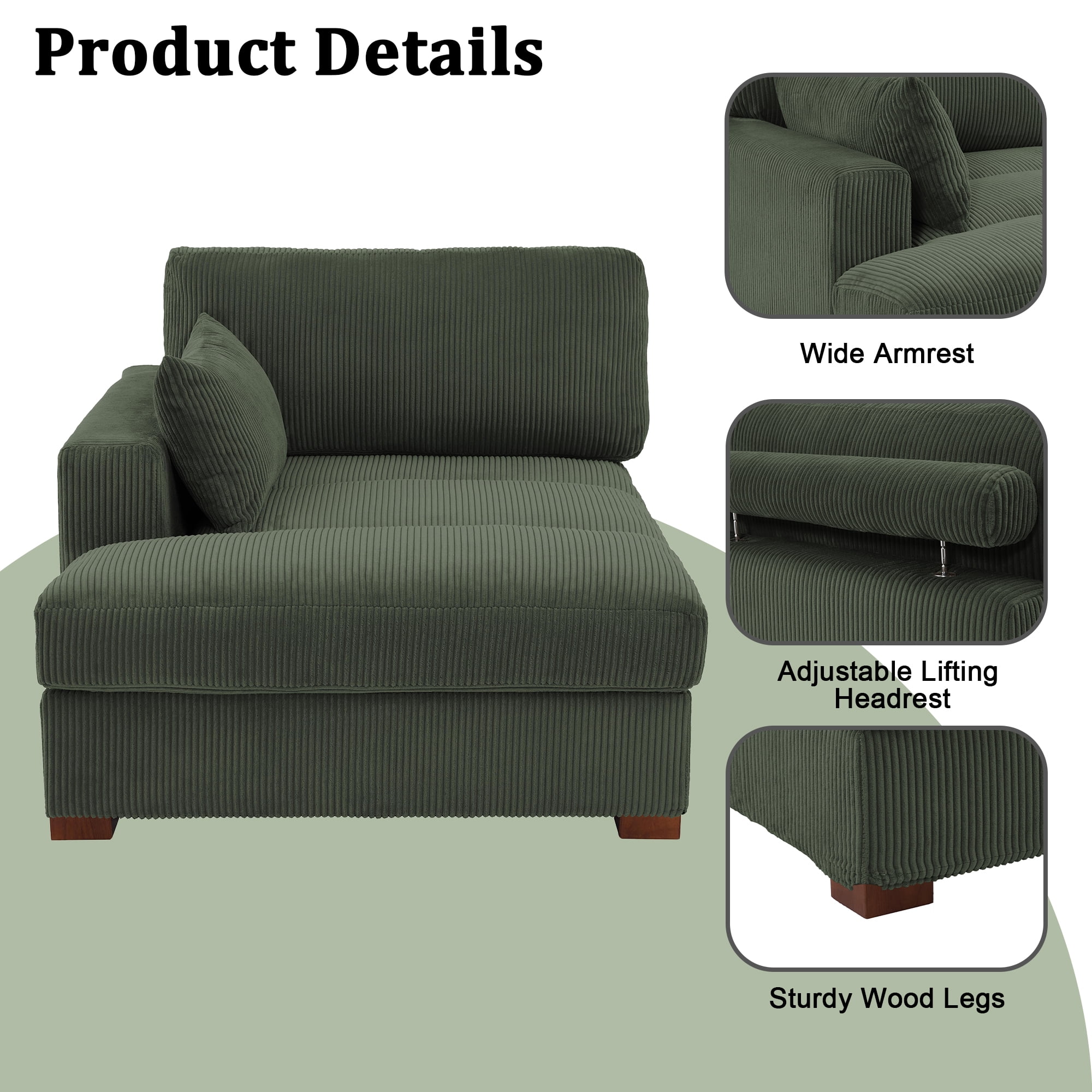 UIXE Chaise Lounge Indoor Upholstered Corduroy Sofa with Right Armrest for Living Room Bedroom, Green