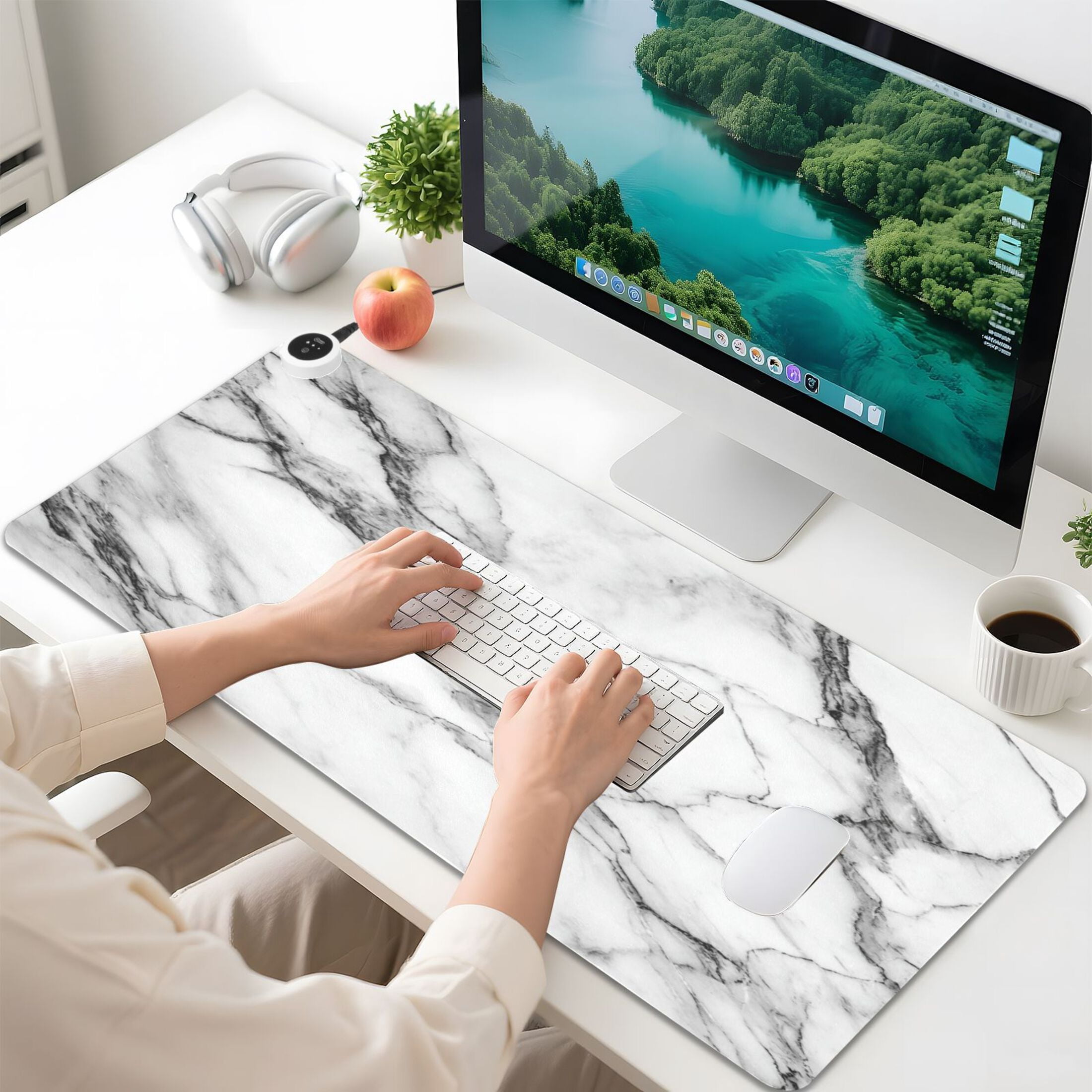 Large Heated Desk Mat Mouse Pad 31.5"x13"PU Leather Graphene Heating Desk Warmer with 3 Temperature Settings 110V US Plug Non-Slip Warm Pad for Home, Office, and Gaming Elegant Marble Texture Print