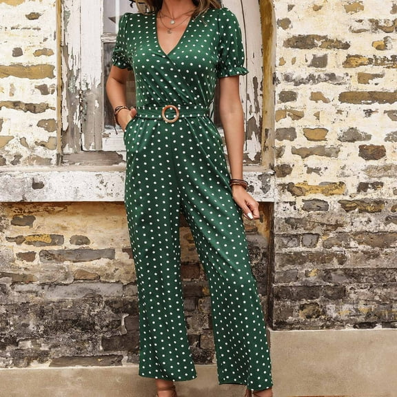 jsaierl Elegant Jumpsuit for Women Ladies Printed Summer Short Sleeves V-Neck Loose Long Rompers Jumpsuit