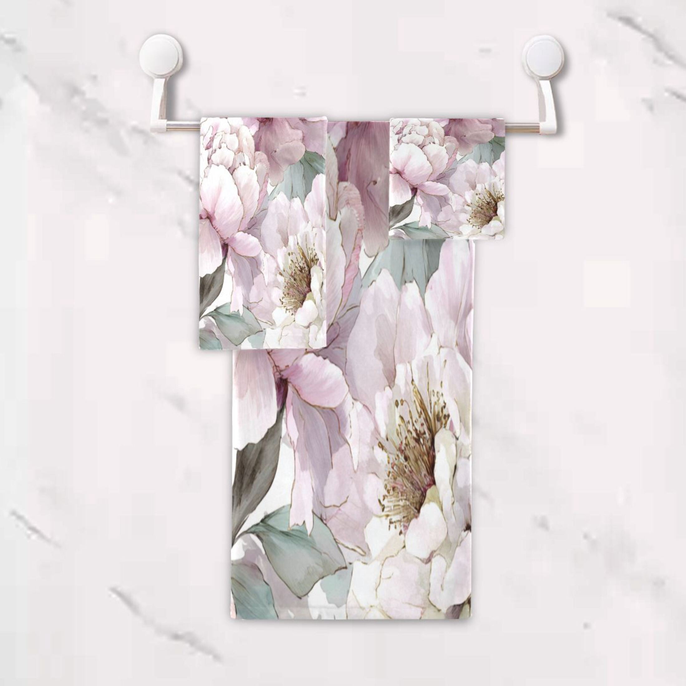 3 Pack Towel Set - Bath Towel, Hand Towel & Washcloth for Daily Household Use Watercolor Peony Garden