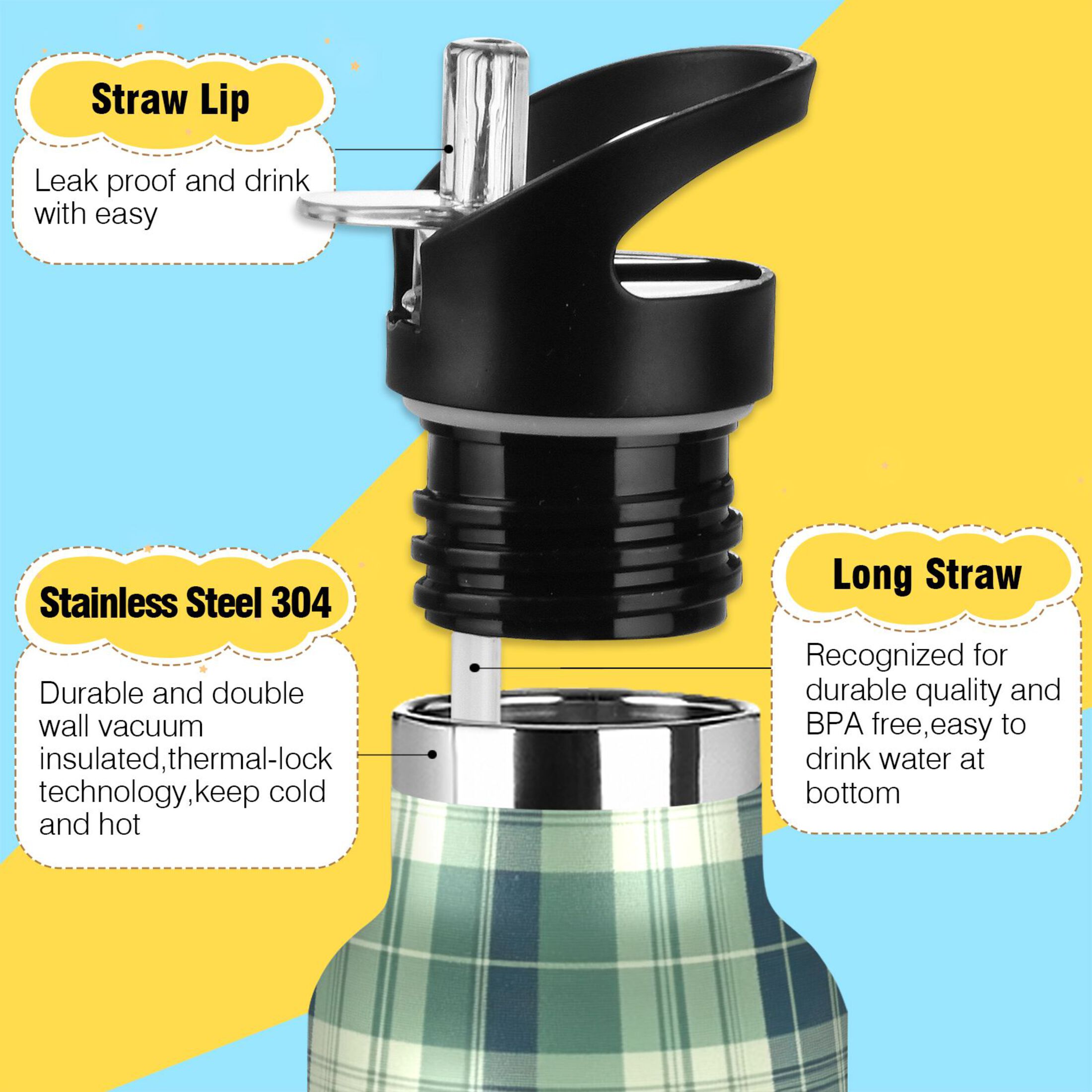 Kids Insulated Stainless Steel Sports Water Bottle 600ml (20oz), BPA-Free Green Tartan Pattern