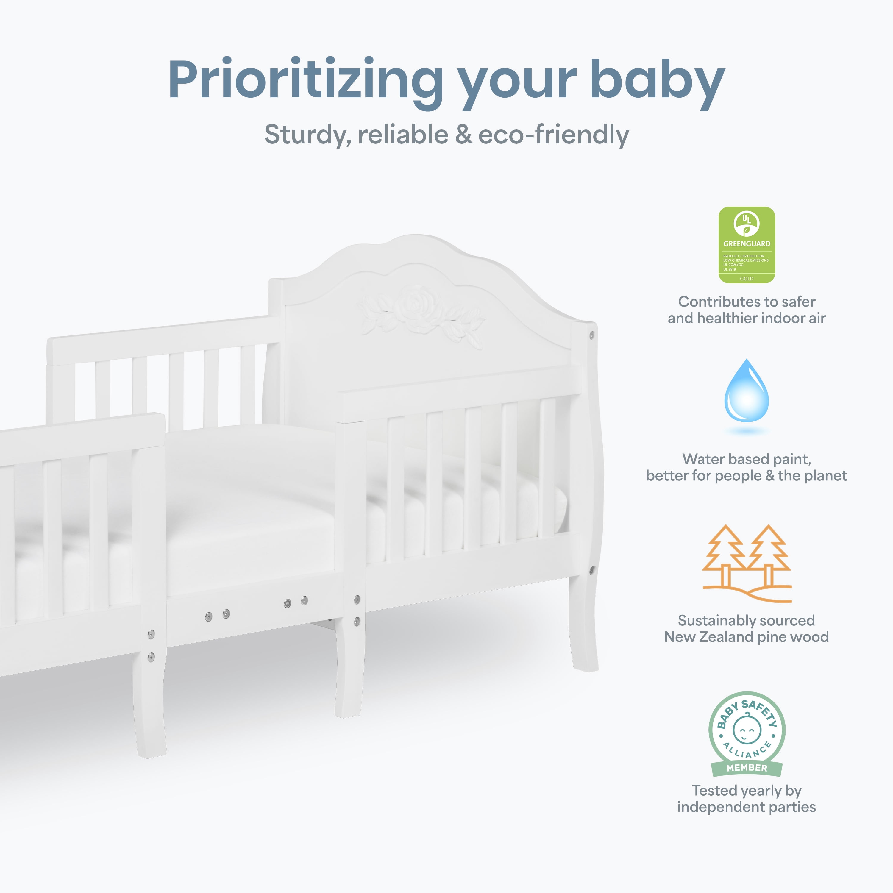 Dream On Me Rose 3-in-1 Convertible Toddler Bed, Greenguard Gold and JPMA Certified, White