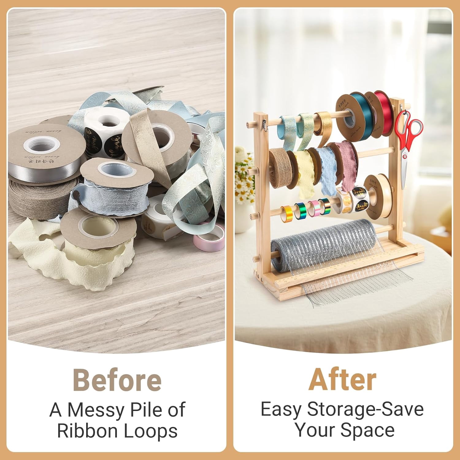 Tape Storage Organizer Rack Wooden Tape Spool Holder for Crafts Mesh Tape Wreath Bow Washi Tape Arts and Crafts Supplies Shelf