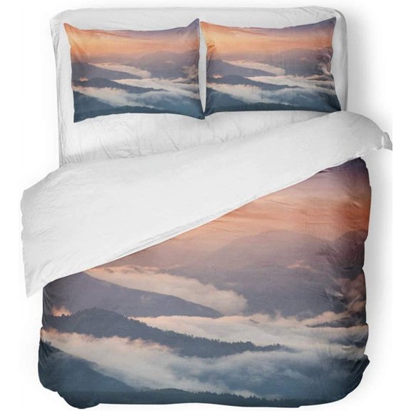 FMSHPON 3 Piece Bedding Set Blue Cloud Mountain Valley During Sunrise Natural Summer Landscape Colorful Fog Twin Size Duvet Cover with 2 Pillowcase for Home Bedding Room Decoration