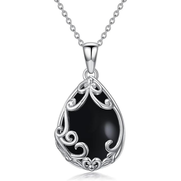 JKR Teardrop Black Onyx Necklace 925 Sterling Silver Filigree Gemstone Pendant Necklace Fine Jewelry Birthday Gifts for Women Her Mom