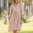 thumbnail image 2 of Linen 3/4 Sleeve Dress for Womens Deep V Neck Sundress Baggy Boho Pleated Sundress Cover Up Solid Basic Tunics Dresses Going Out Holiday Beach Outfits, 2 of 5
