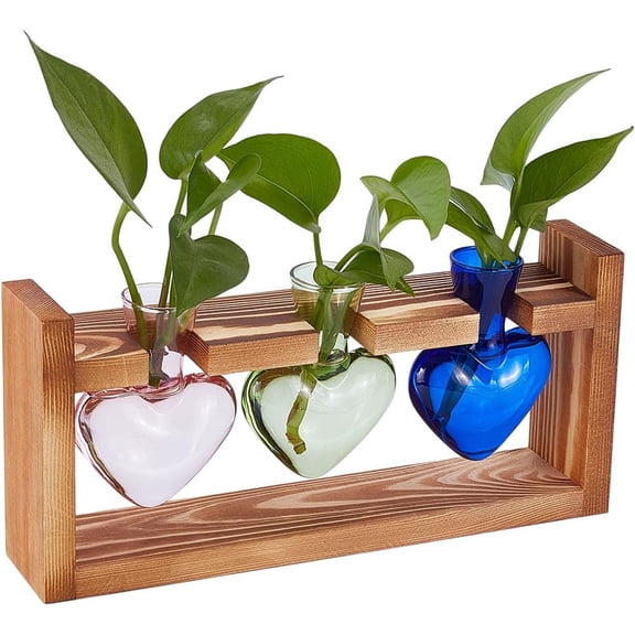 Hydroponics Plant Propagation Stations Plant Terrarium with Wooden Stand Air Plants Bulb Heart Glass Vase for Hydroponics Home Garden Multi-color