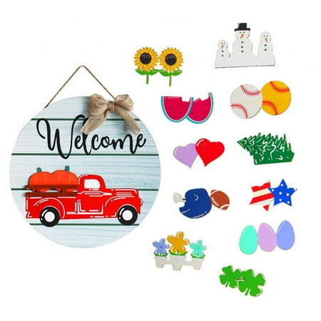 Interchangeable Red Truck Wooden Door Sign with Bow Ornaments Seasonal Welcome Sign for Front Door Farmhouse 14 Inches with 10pcs Halloween Christmas Home Decor