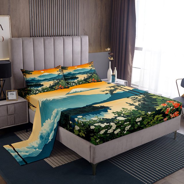 Snow Mountain Sheet Set Japanese Style Bedding Set Lake Trees Jungle Landscape Bed Sheets Teens Room Decor Soft Polyester Bed Set (Full Flat & Fitted Sheet with 2 Pillow Case)