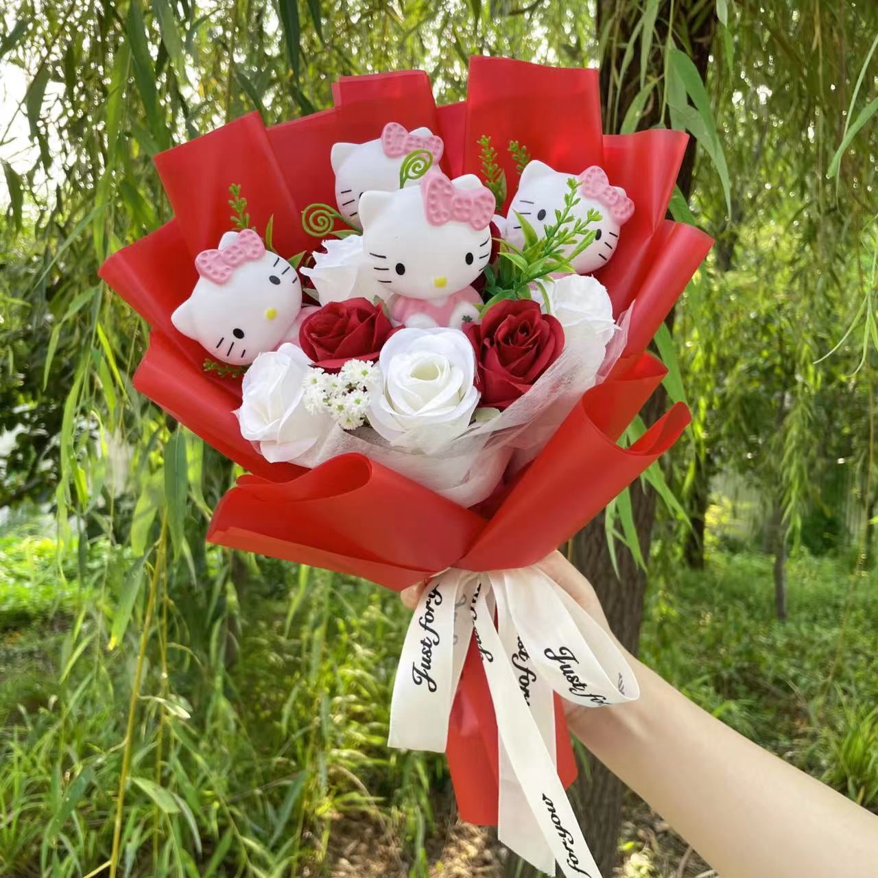 Cartoon Hellokitty Cat With Artificial Flowers Plush Doll Toy bridal bouquet Flower Bouquet Valentine Christmas Graduation Gifts