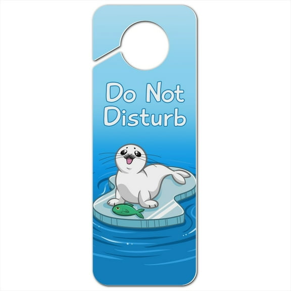 Cute Harp Seal Pup on Ice with Fish Plastic Door Knob Hanger Sign