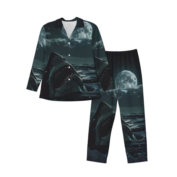 Balery Moonlit Night Sky Shark Pijama para Hombre de Dos Piezas con Manga Larga, Conjunto de Dormir y Descanso Suave con Bolsillos-Medium