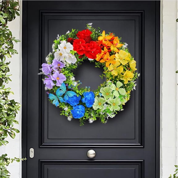 karymi 16 Inch Rainbow-colored Artificial Flower Wreath with Star Accents for 4th of July Independence Day Front Door Wall Outdoor Hanging Decor Outdoor Decor