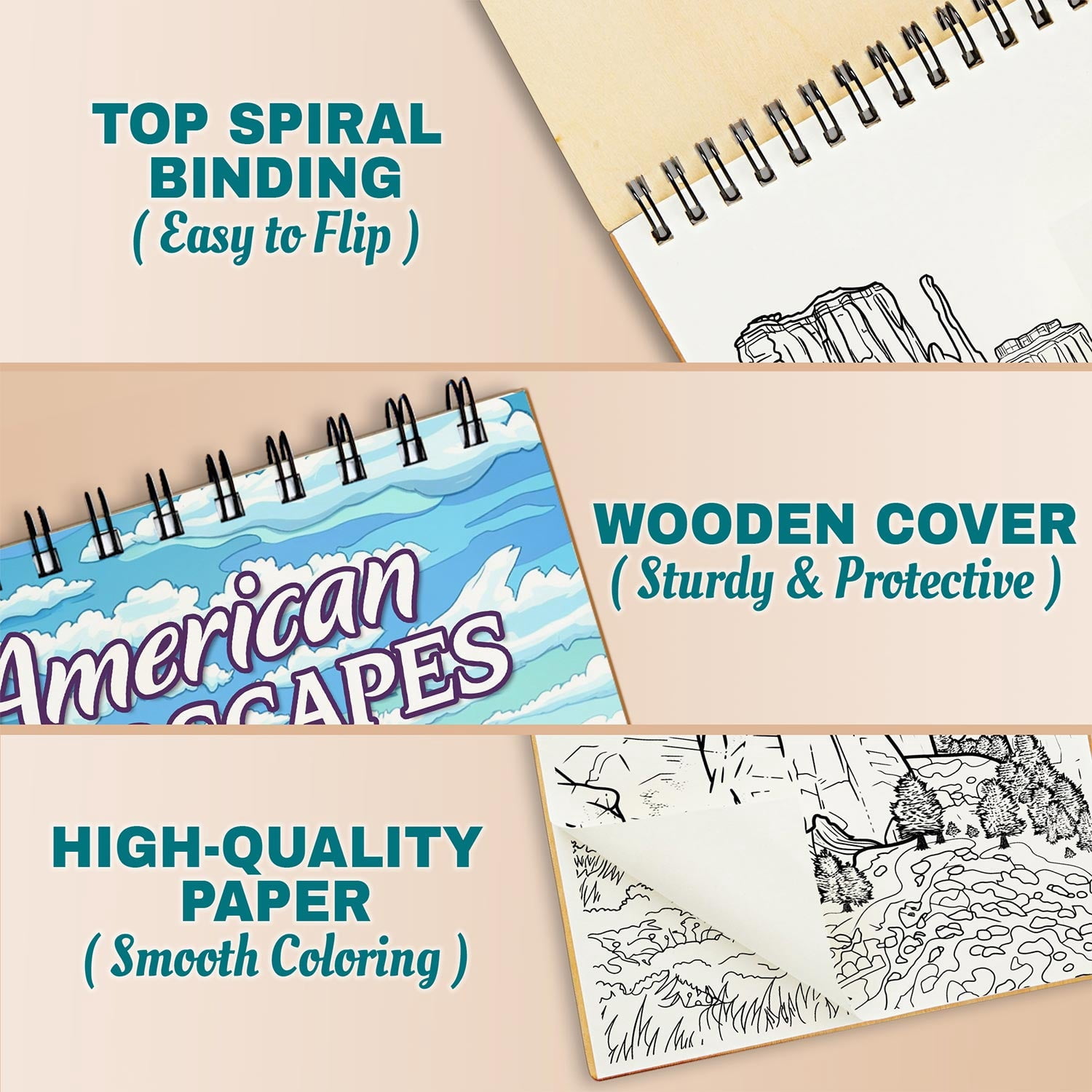 Netecom American Landscapes Coloring Book Spiral Bound for Adults, A5 Wooden Cover, 30 Tranquil Coloring Pages of Nature Scenes in America for Stress Relief and Relaxation