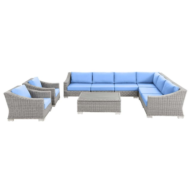 Lounge Sectional Sofa Chair Table Set, Rattan, Wicker, Light Grey Gray Light Blue, Modern Contemporary Urban Design, Outdoor Patio Balcony Cafe Bistro Garden Furniture Hotel Hospitality