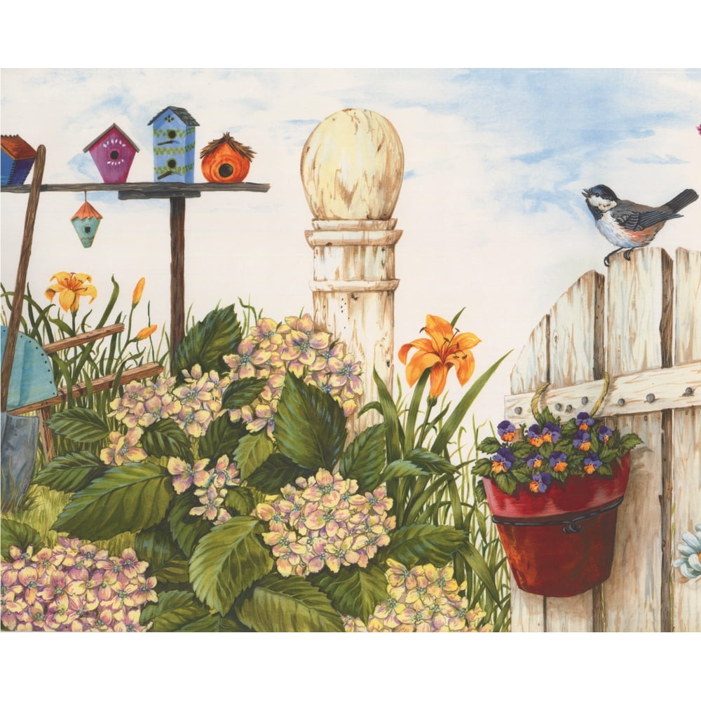 Wallpaper Border Country Life White Fence Birds Birdhouses Yellow