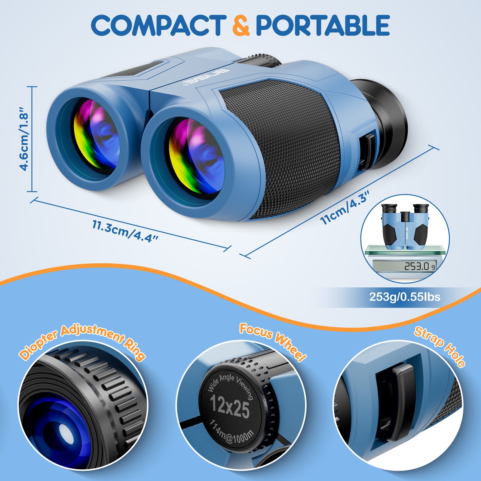 BNISE 10x25 Compact Binoculars for Adults and Kids- Small Binoculars for Travel Bird Watching Waterproof/Easy Focus/High Powered/ Low Light Vision-Blue