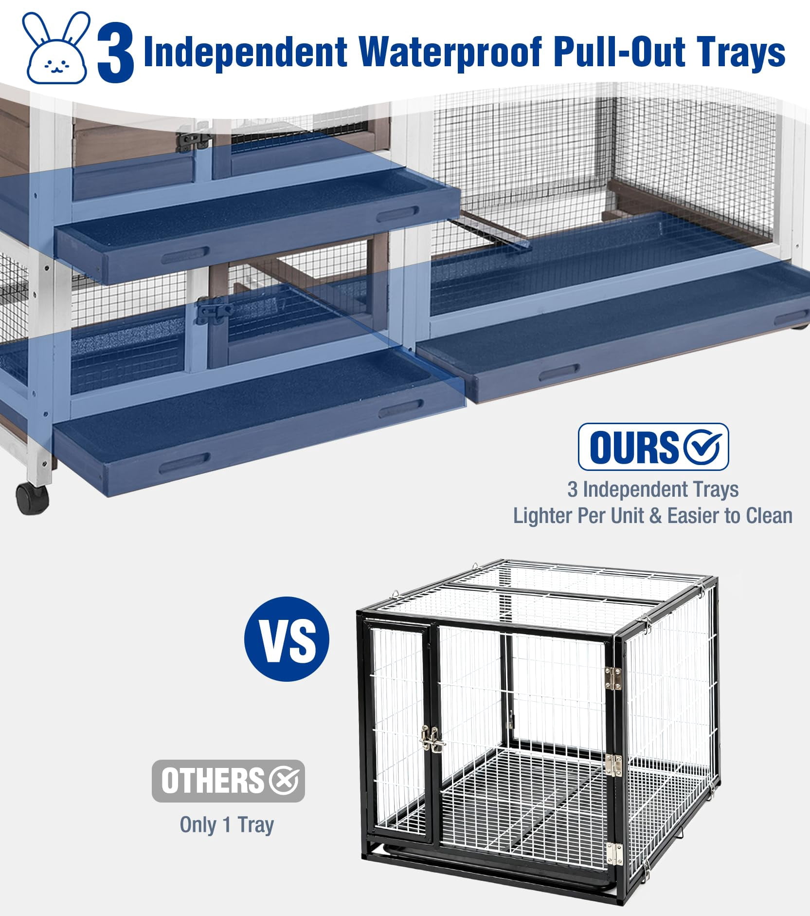 Aivituvin Large Rabbit Hutch Indoor, Bunny Cage Outdoor with Chew-Proof Ramp, 2-Story Guinea Pig Cages with 6 Wheels, 3 Pull-Out Trays, Waterproof Asphalt Roof, 62" L - Coffee