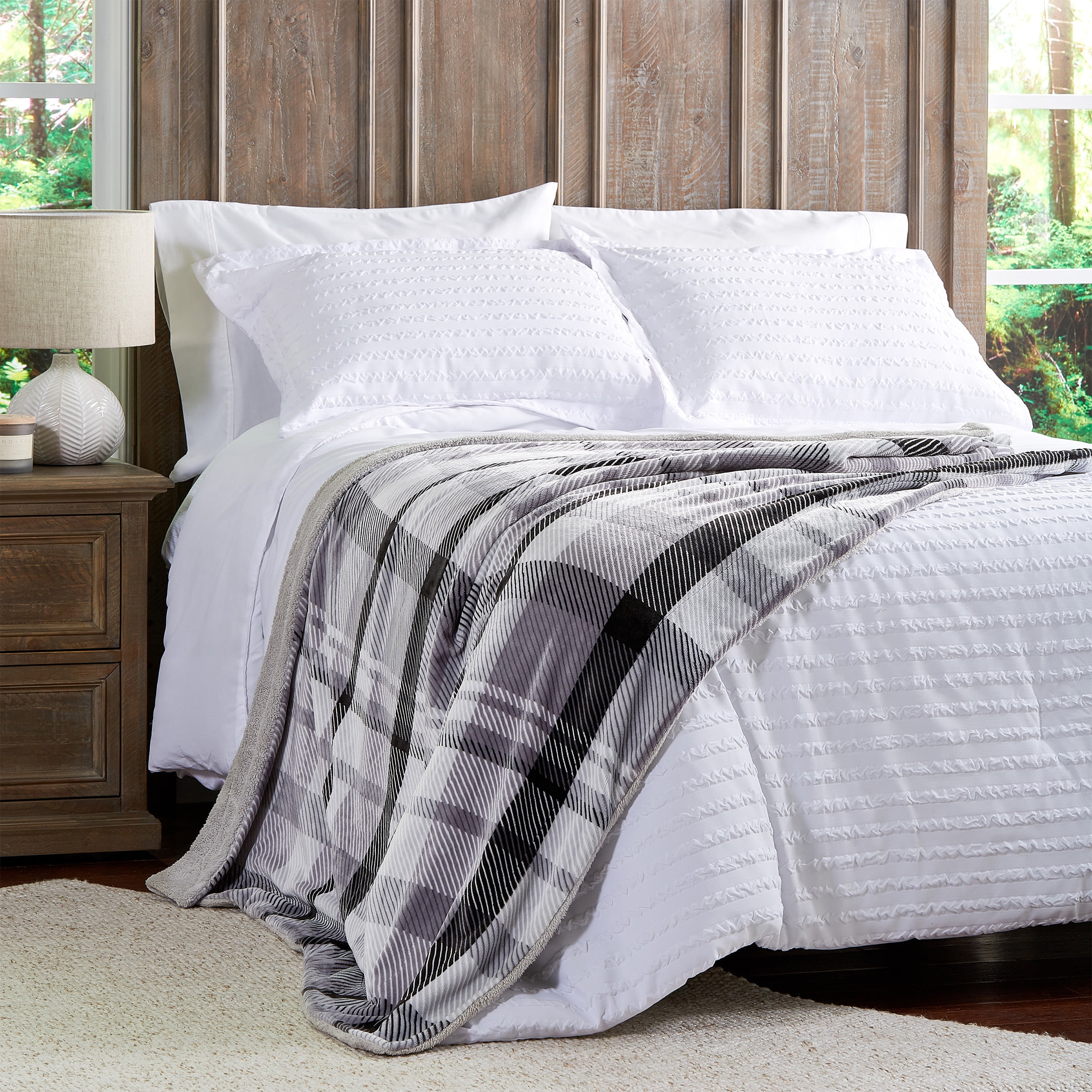 Sommerset Home Poly Fleece Sherpa Sofa Throw Blanket (Gray/White Plaid, Adult)