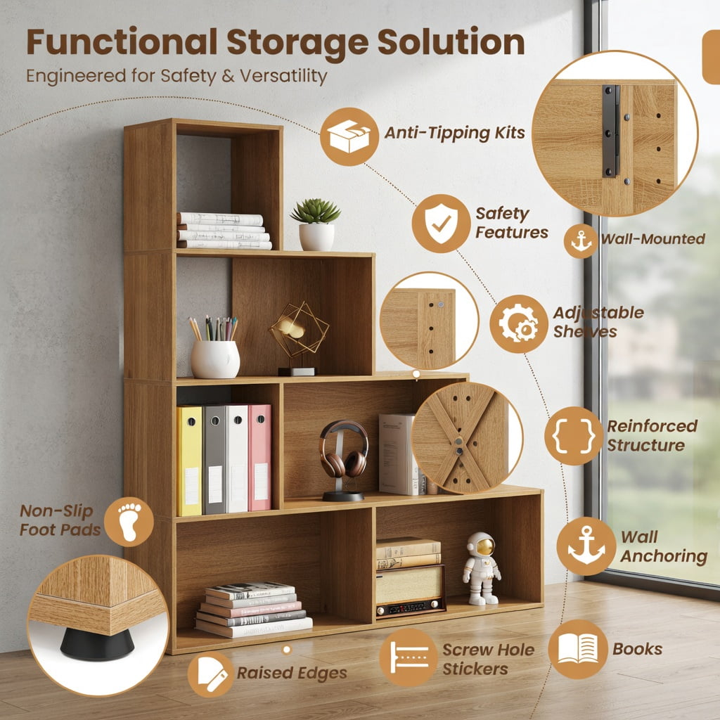 Yardi Yard 6 Cubes Ladder Shelf Corner Bookshelf Storage Bookcase-Natural, Tall Bookshelf, Bookshelf for Living Room, Home Office, Bedroom, Balcony