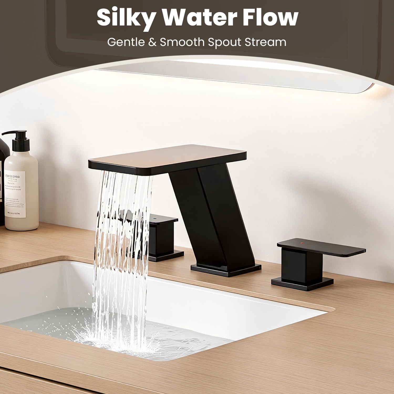 Inster 8 in. Widespread Waterfall Bathroom Faucet, Matte Black, 2-Handle 3-Hole with Pop-up Drain