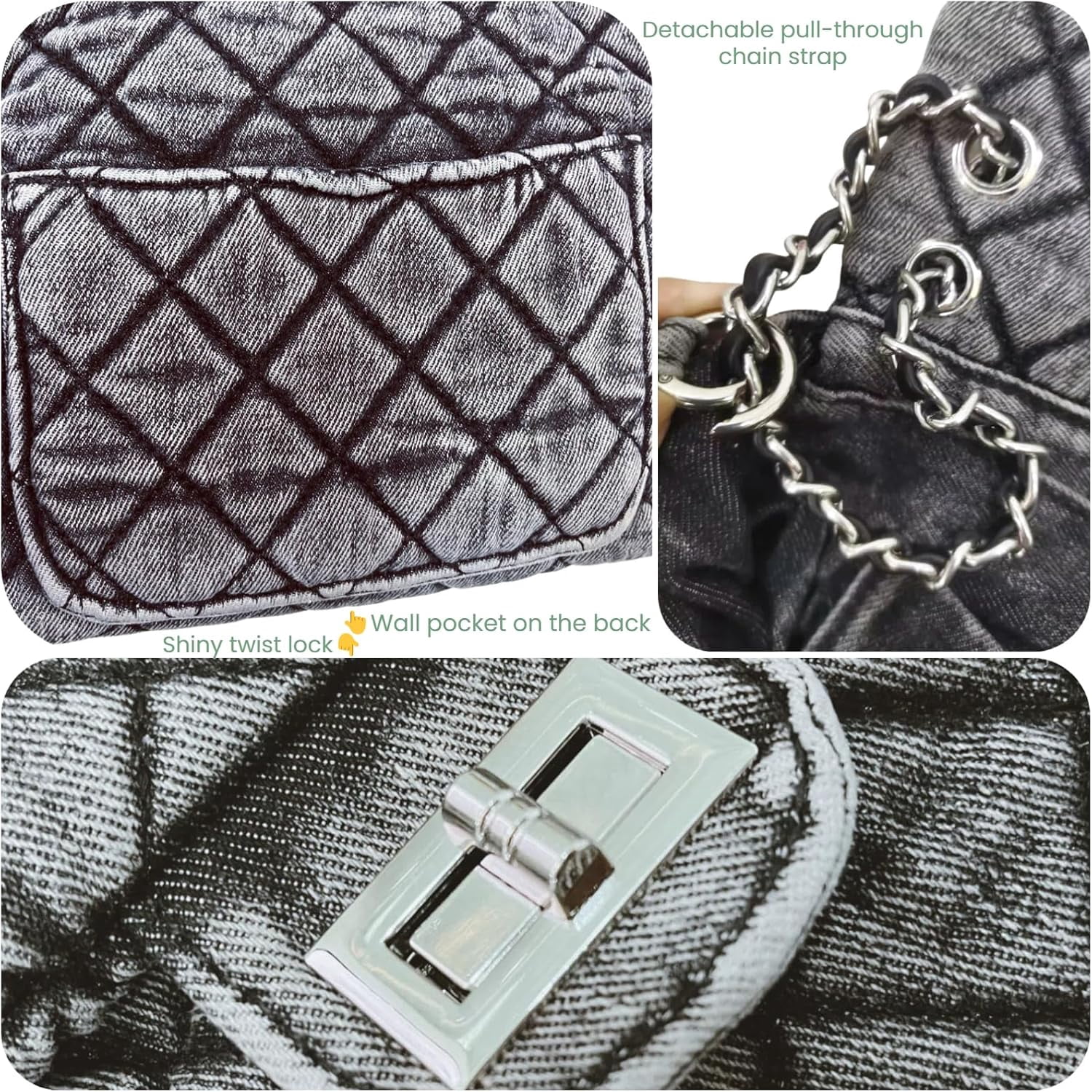 NANAHuang Retro Quilted Denim Purses for Women Crossbody Tote Bag for Womens Shoulder Bags Chain Over Washed Jeans Handbags Black Blue