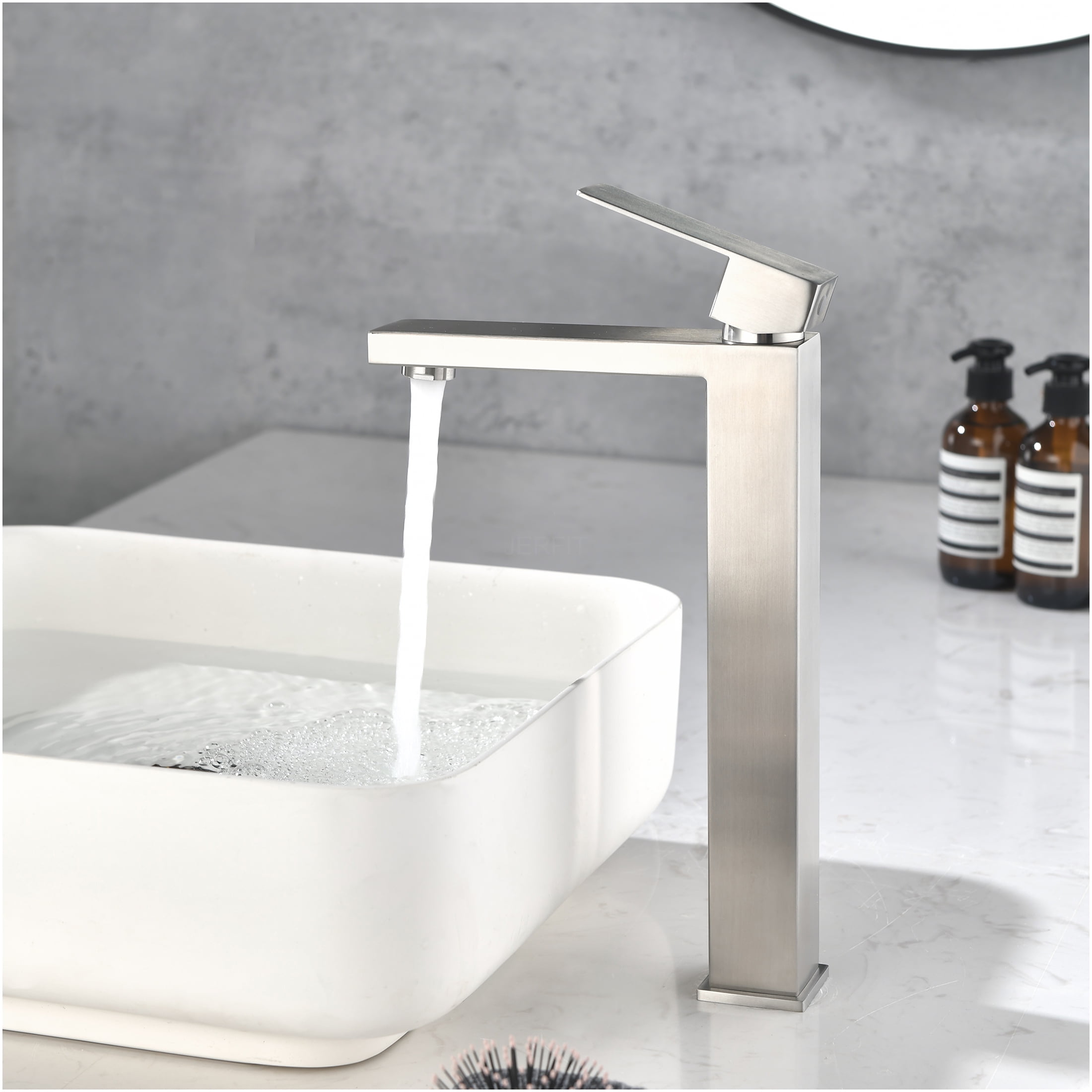 JERFIT Single Handle Bathroom Faucet Brushed Nickel, 1-Hole Vessel Sink Faucet with Pop-Up Drain Assembly, Anti-Splash Aerator, Stainless Steel Vanity Faucet for Bathroom Sink