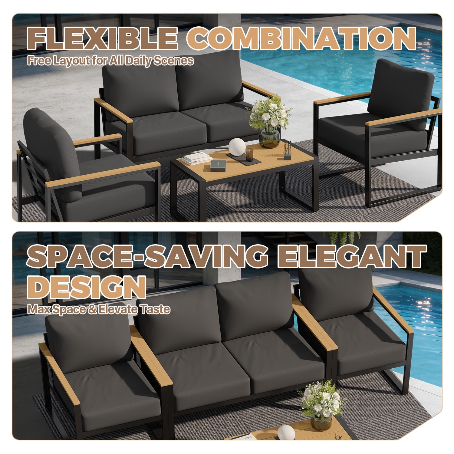 BaPiPro 4PCS Outdoor Exposed Tube Sofa Set, Dark Gray Modern Sturdy Steel Frame & PS Composite Wood Armrest Patio Furniture Set with Coffee Table, All-Weather Removable Washable Polyester Cushions fo