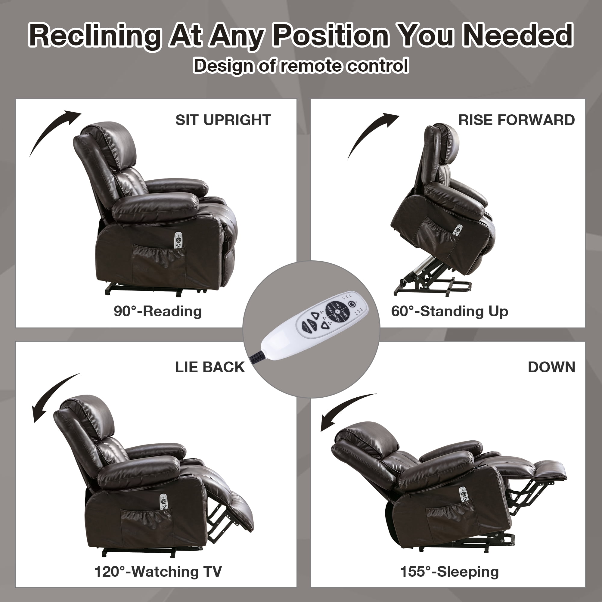 LEGAHOME Electric Power Lift Chair, Faux Leather Lift Recliner with Heat Therapy and Massage Function, Heavy Duty Reclining Sofa with Cup Holders and Side Pocket, Lift Chairs for Elderly, Brwon